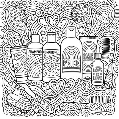 Embrace self-care and celebrate diversity with this special Pride Month coloring page. Discover a joyful array of scalp care essentials, beautifully intertwined with symbols of love and acceptance.