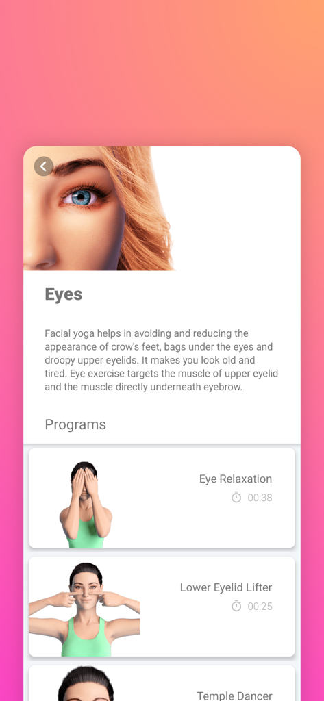 Eye exercise programs in the Facial Yoga Pro app targeting crows feet and eye puffiness