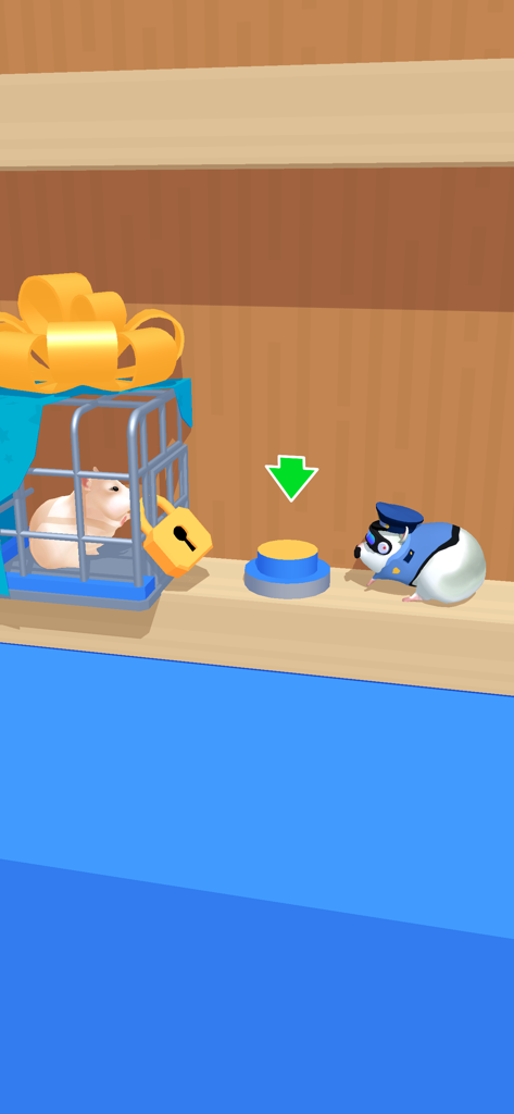 警察の衣装を着たハムスターが、鍵のかかった檻から別のハムスターを救出するためのボタンの隣に立っている。