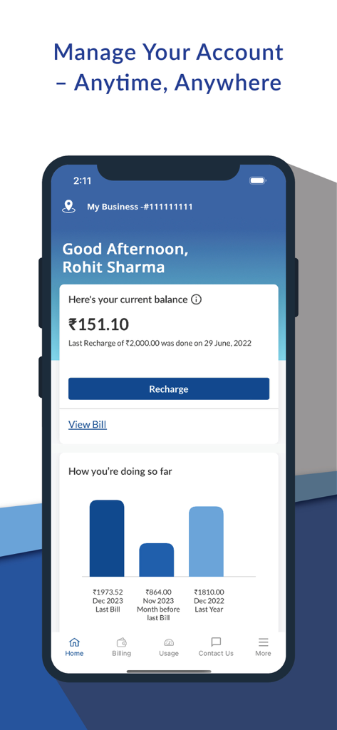 MGVCL Smart Meter - The MGVCL Smart Meter app home screen displaying current balance, a recharge button, and a consumption comparison chart.