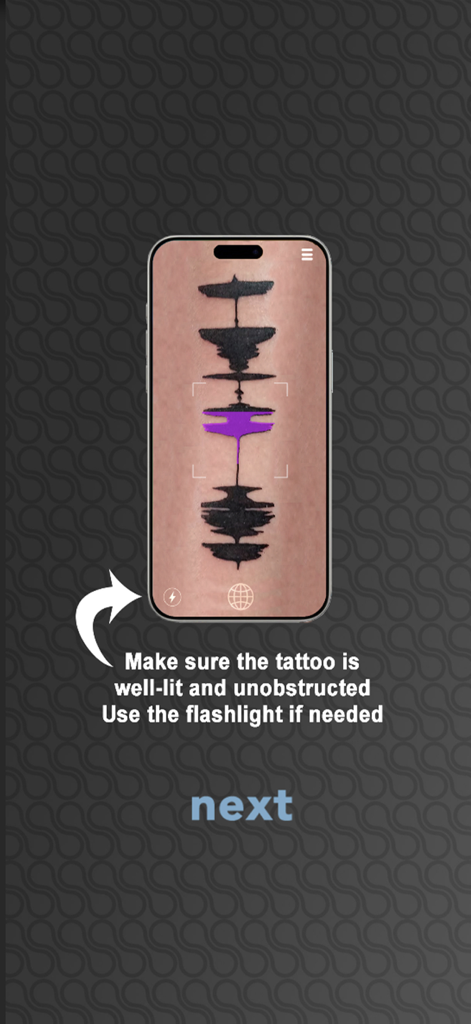Interfaz de la app Skin Motion que muestra cómo escanear un tatuaje de onda sonora para su reproducción con realidad aumentada