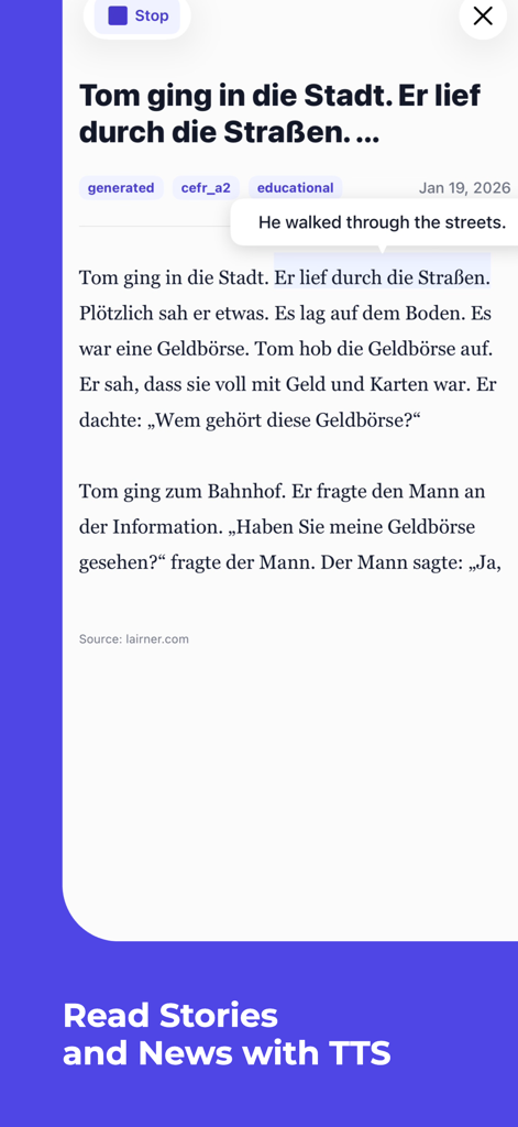 lairner - A screenshot of the lairner app showing a German short story being read with text-to-speech and an English translation overlay.