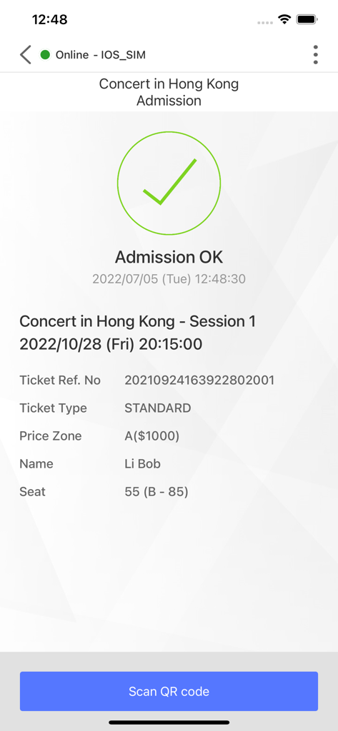 Pantalla de la aplicación Cityline Partner que muestra una admisión de entrada exitosa con una marca de verificación verde.