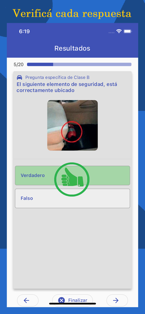 Examen de manejo - Interface of the Argentinian driving exam simulator showing a correctly answered question about car safety equipment.