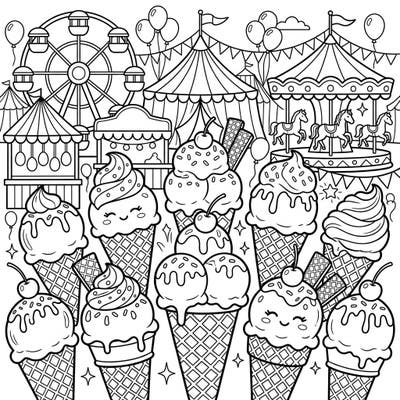 Get ready for a double scoop of fun with this delightful ice cream cones coloring page, set amidst a vibrant carnival scene. Bring the joy of fairground treats and festive rides to life with your favorite colors!