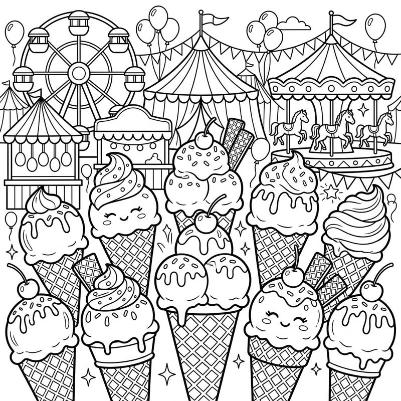 Get ready for a double scoop of fun with this delightful ice cream cones coloring page, set amidst a vibrant carnival scene. Bring the joy of fairground treats and festive rides to life with your favorite colors!