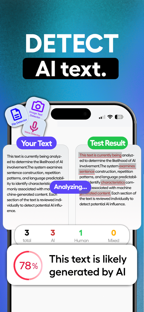 Humanize AI - AI Checker Tools - Screenshot of the Humanize AI app showing a 78 percent AI detection result with highlighted text analysis.