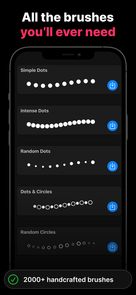 Artist Brushes for Procreate - Lista de pincéis de pontos e círculos disponíveis no aplicativo Artist Brushes para Procreate