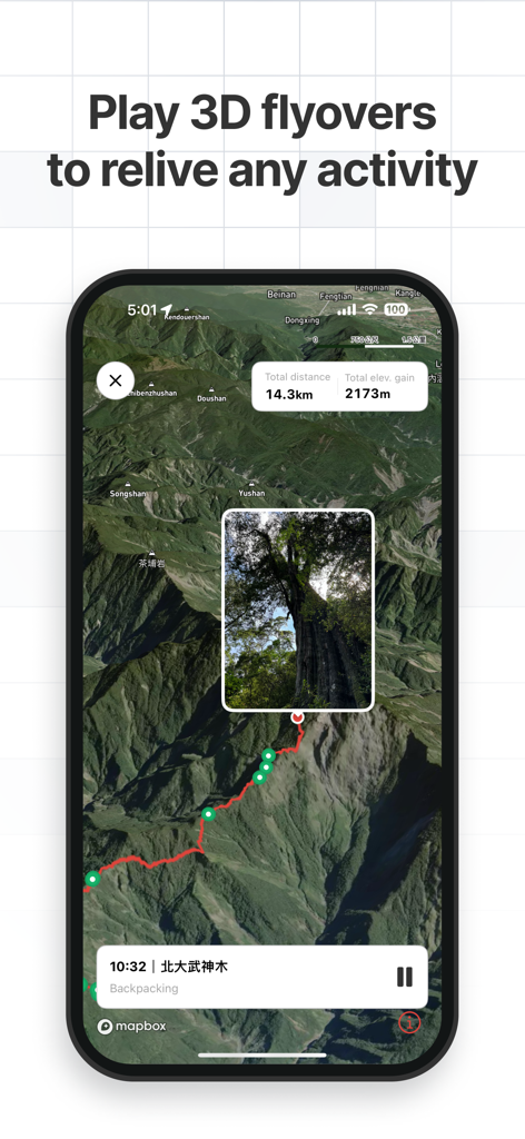 Hikingbook app interface showing a 3D flyover map of a hiking trail with route statistics and a photo marker