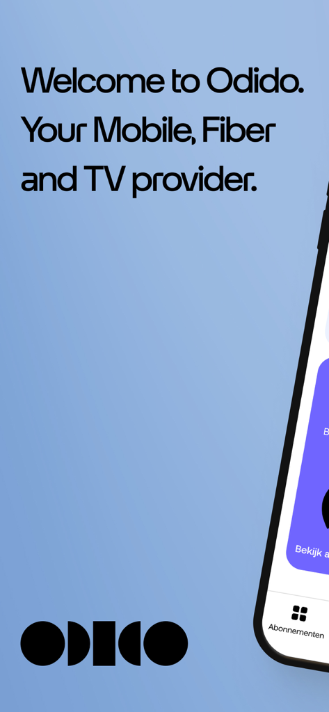 Welcome screen of the Odido app for mobile fiber and TV services