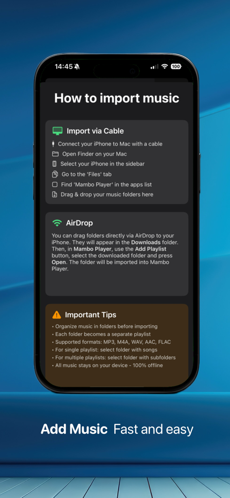Instructions for importing music into Mambo Player LITE using cable or AirDrop
