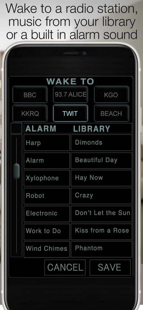 Best Clock Radio-Podcast - 알람 소리 및 라디오 방송국 선택을 위한 최고의 시계 라디오 앱 인터페이스