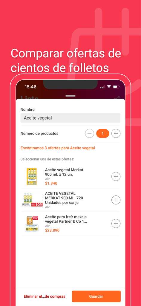 Catálogos y ofertas de Chile - Interfaz de la aplicación móvil que muestra una búsqueda de comparación de precios de aceite vegetal en diferentes tiendas minoristas chilenas.