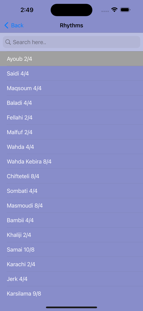 Handpan Rhythms - Une liste de divers motifs rythmiques de handpan et de signatures temporelles dans la bibliothèque de l'application.
