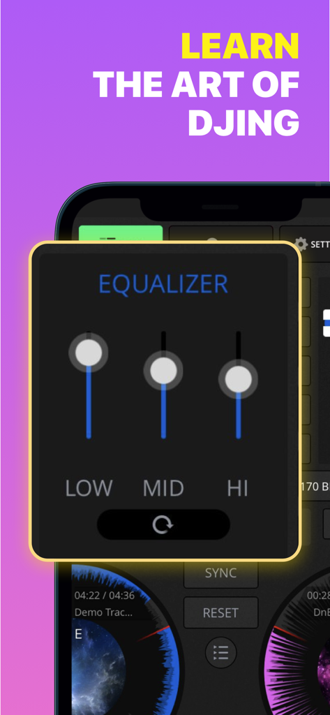 DJ Control - Remix music live - Equalizer interface in the DJ Control app showing low mid and high frequency controls