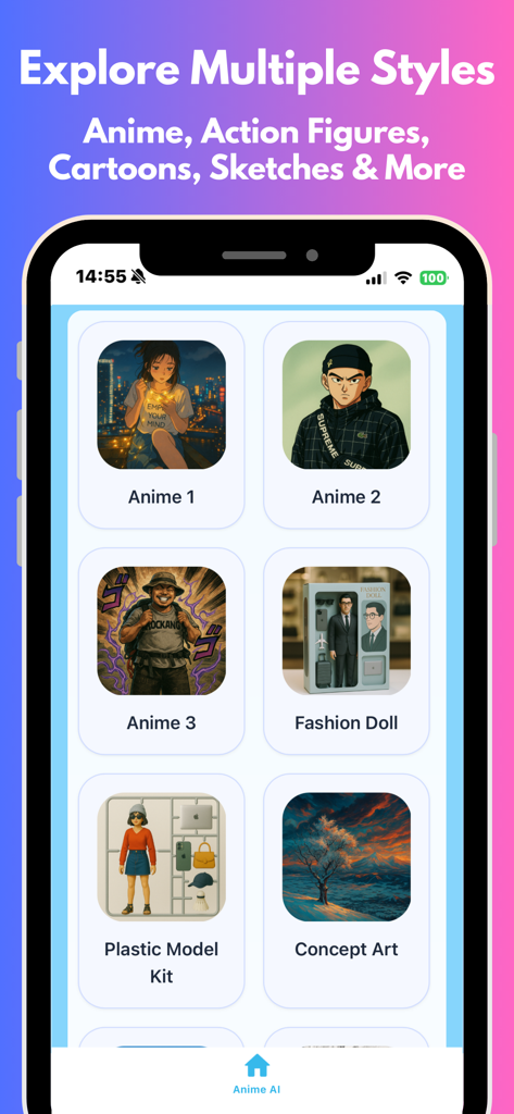 Anime AI: AI Image Generator - Anime AI app screen displaying various art styles including Anime, Fashion Doll, and Plastic Model Kit.