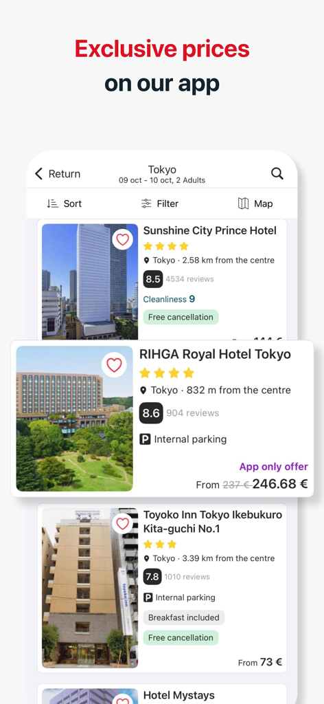Amimir - Hotel Deal Searcher - Interface of Amimir app showing hotel search results for Tokyo with exclusive app only offers