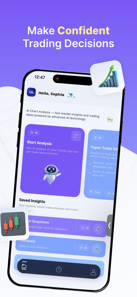 Mobile app interface for FXCharts showing AI-powered forex analysis and trading insights