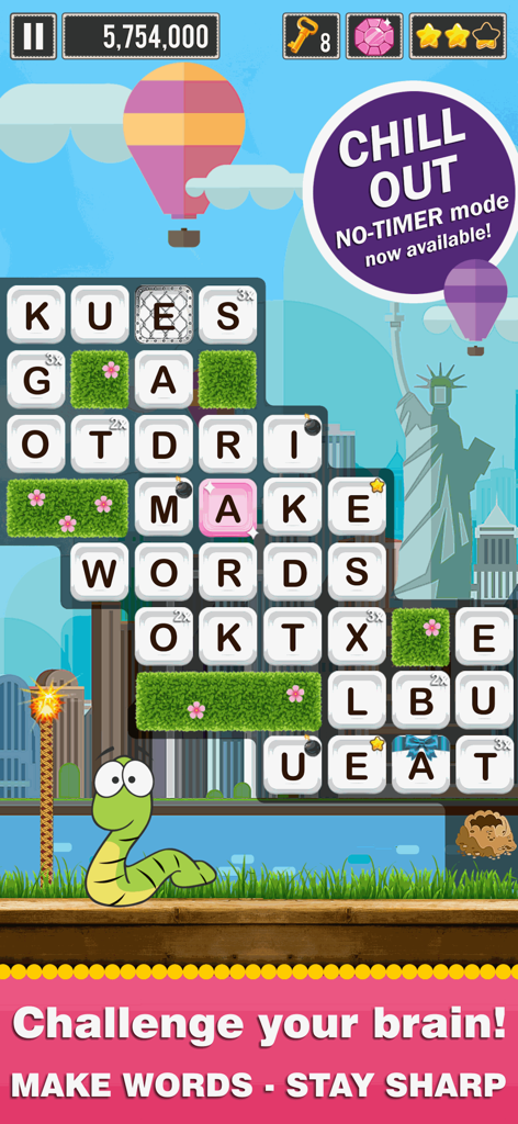 Word Wow Around the World - Word Wow Around the World gameplay screenshot featuring letter tiles and a worm character