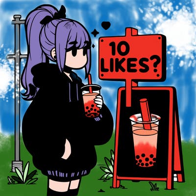 girl with oversized hoodie drinking boba and she has a high ponytail with a sign that says 10likes?