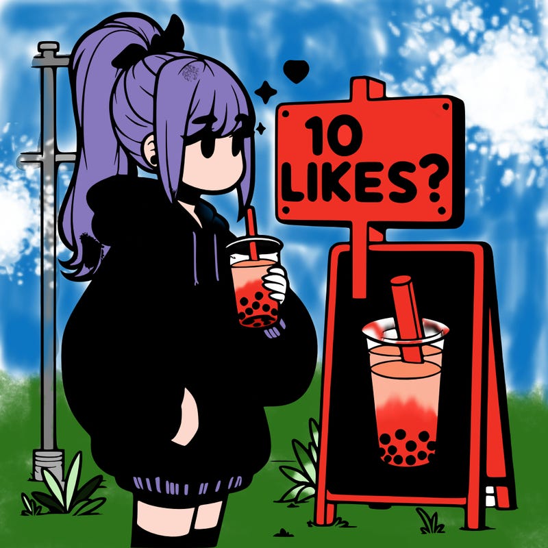 girl with oversized hoodie drinking boba and she has a high ponytail with a sign that says 10likes?