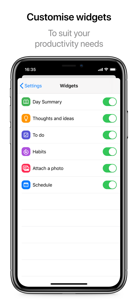 Daily Planner - Schedule App - Interface for customizing productivity widgets in the Daily Planner app showing toggles for habits tasks and summaries