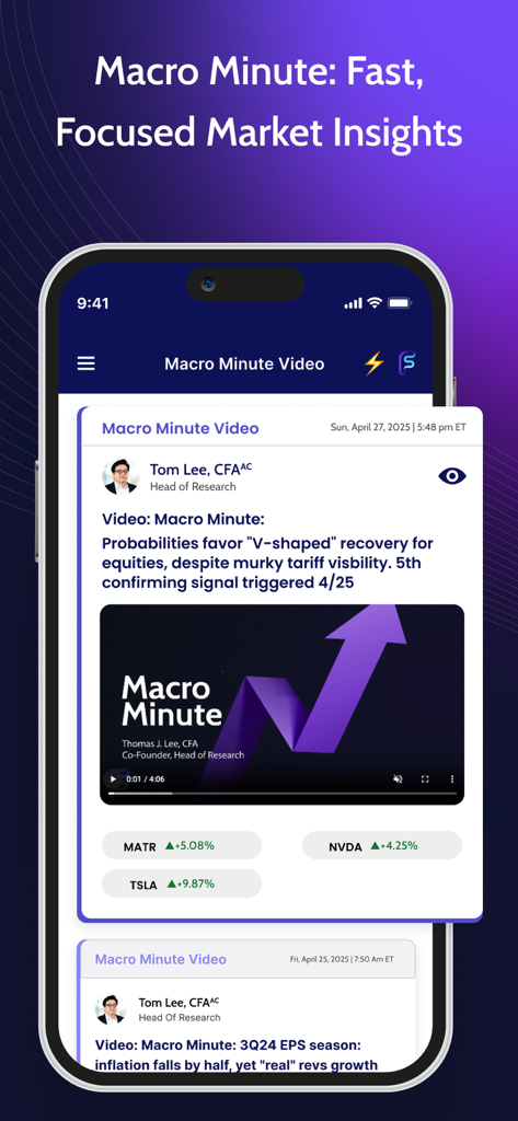 FS Insight app showing a market analysis video by Tom Lee with stock performance data.