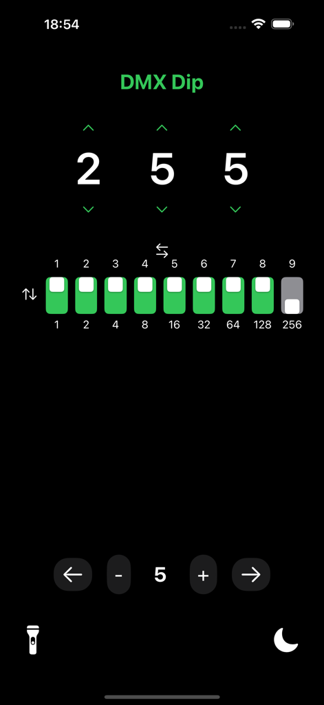 DMX Dip Calc - DMX Dip Calc app interface showing dip switch positions for address 255