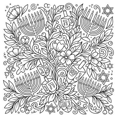 Immerse yourself in the spirit of Hanukkah with this beautifully intricate coloring page, intertwining traditional symbols with lush botanical motifs. Discover menorahs, dreidels, and Stars of David nestled within a vibrant tapestry of leaves and flowers, perfect for creative relaxation.