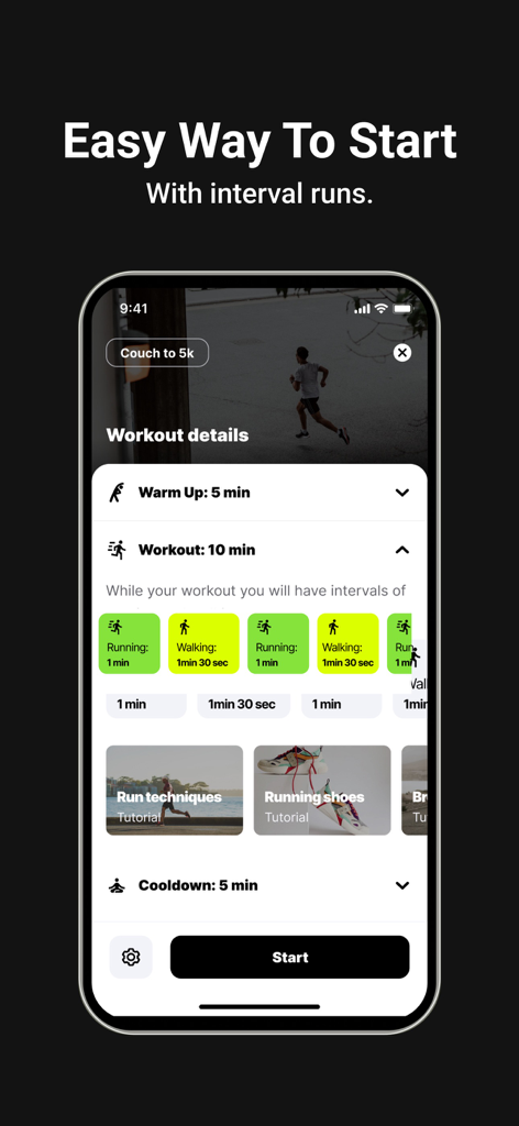 Workout details in the iRun app showing running and walking intervals for beginners.