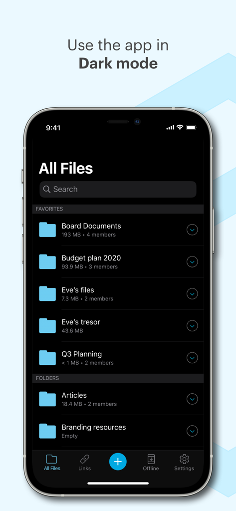 Tresorit mobile app interface displaying encrypted file folders in dark mode