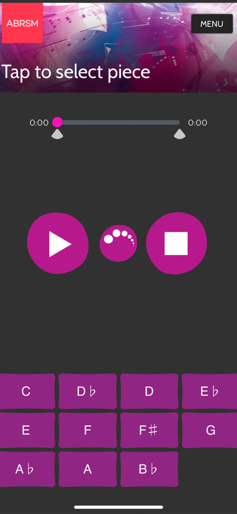 ABRSM Singing Practice Partner - ABRSM Singing Practice Partner app interface with music playback controls and key selection buttons