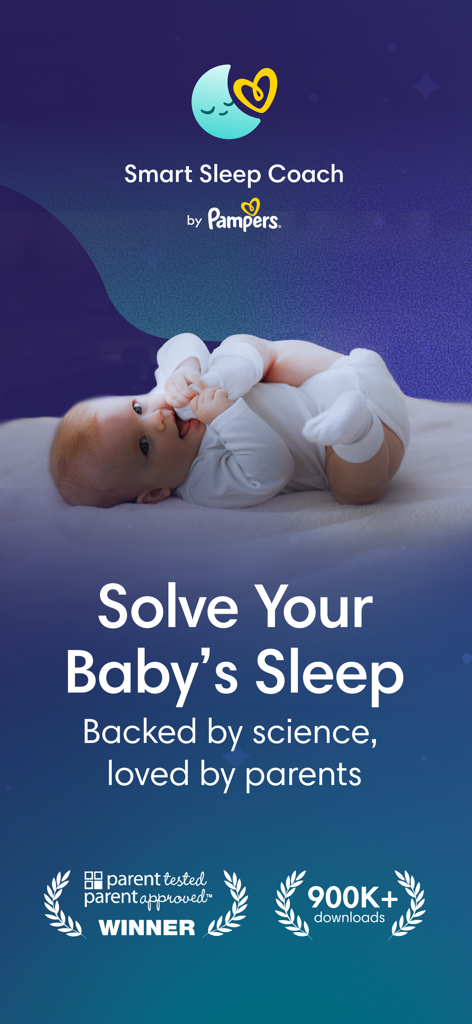 Smart Sleep Coach by Pampers™ - Captura de pantalla de la aplicación Smart Sleep Coach de Pampers con un bebé durmiendo y premios para padres