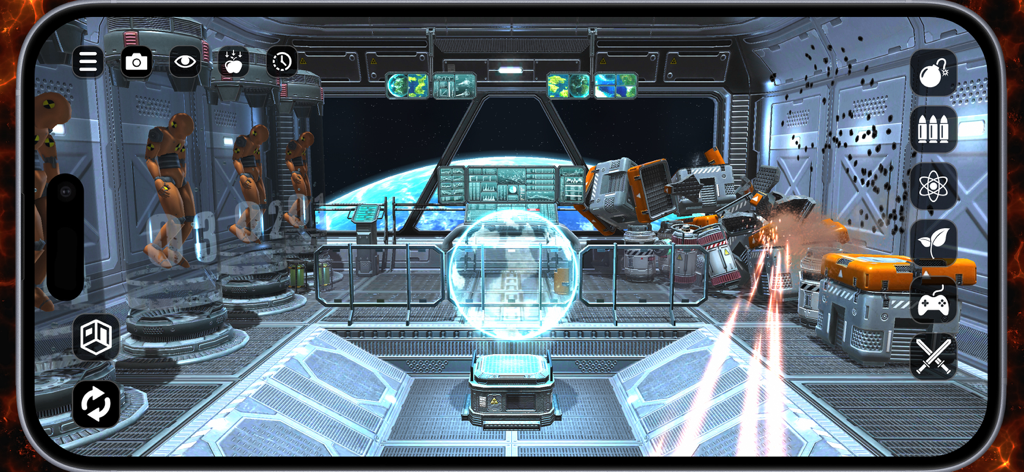 Room Smash - Gameplay screenshot of Room Smash showing physics based destruction in a high tech space station environment