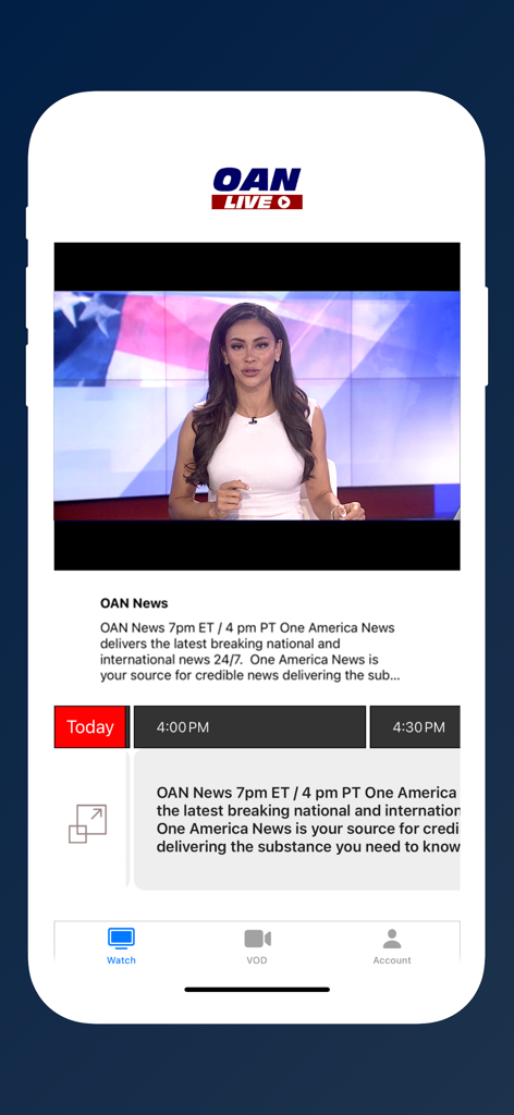 OAN Live mobile app interface featuring a news anchor and daily broadcast schedule