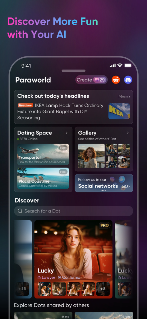 Paraworld의 뉴스 헤드라인, 데이트 공간, 공유 AI 프로필을 보여주는 Paradot AI 모바일 앱 인터페이스.