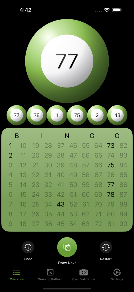 Call Me Bingo - Interface of Call Me Bingo showing the current drawn number and a grid of called balls