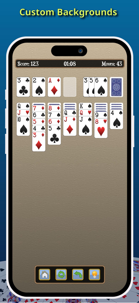 Solitaire [Card Game] - スマートフォンの画面に、カスタムテクスチャ背景を備えたクラシックソリティアゲームのインターフェース。