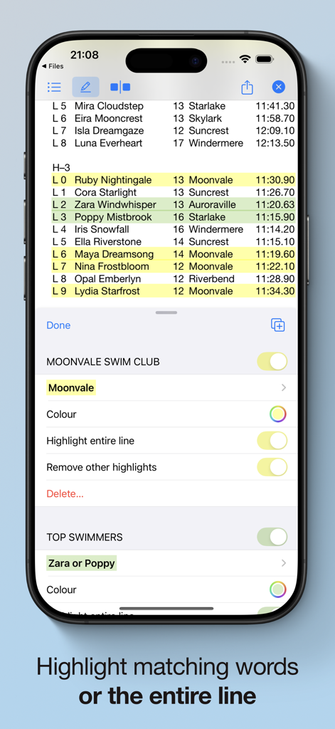 PDF Highlighter - スイミングヒートシートリストのバッチカラーコーディングされたラインハイライトを示すPDFハイライターアプリのインターフェース