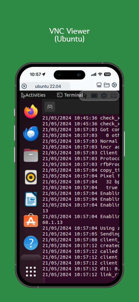 Xany app interface showing a remote Ubuntu desktop session using VNC viewer on an iPhone