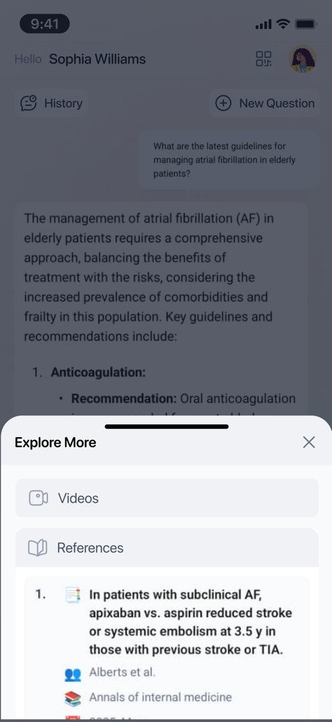 Physicians' Copilot - Physicians Copilot app interface showing AI generated medical guidelines for atrial fibrillation with supporting journal citations and references.