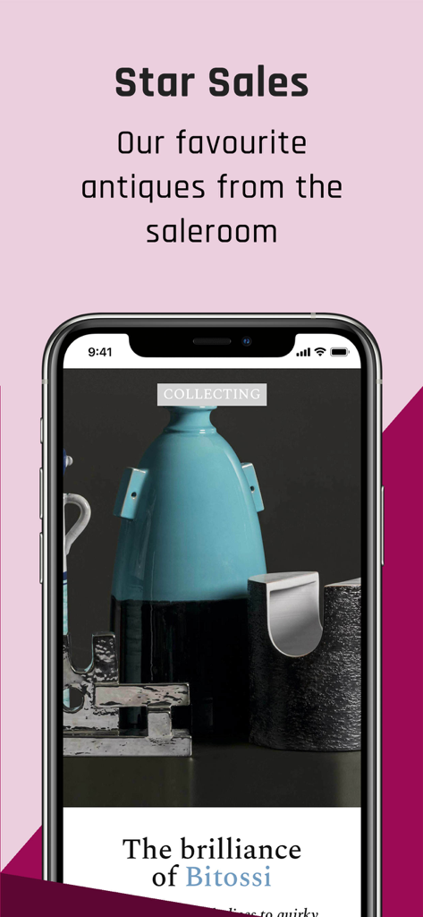 Homes & Antiques Magazine - Homes and Antiques Magazine app screen showing a feature on Bitossi ceramics under the Star Sales section.