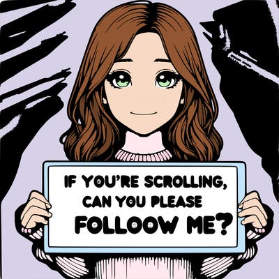 realistic girl holding a sign saying if your scrolling can you plz follow me? 😁