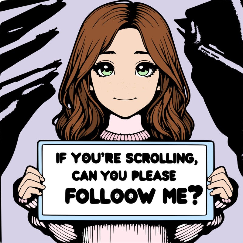 realistic girl holding a sign saying if your scrolling can you plz follow me? 😁