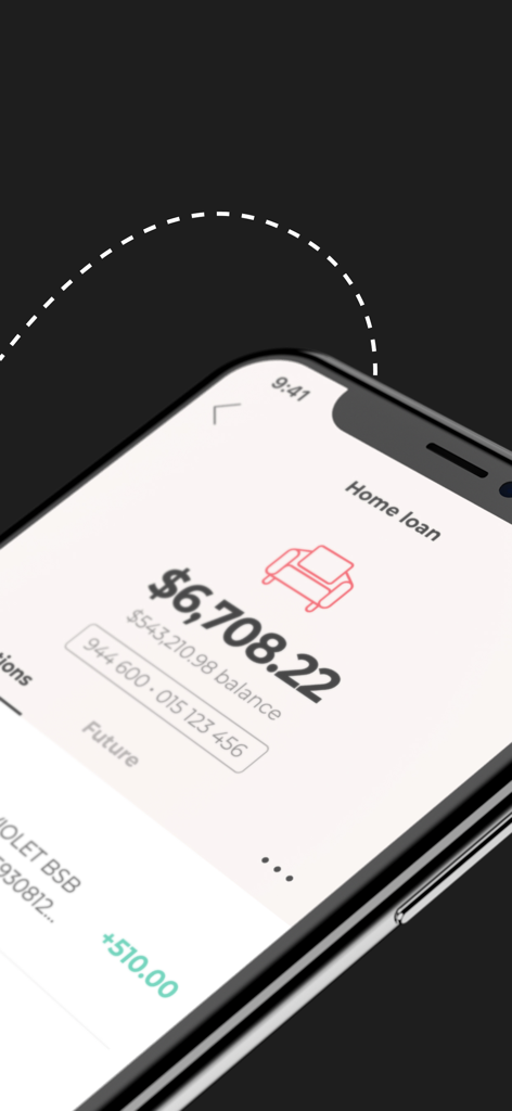 ME Bank - ME Bank mobile app displaying home loan balance and transaction details on an iPhone screen.