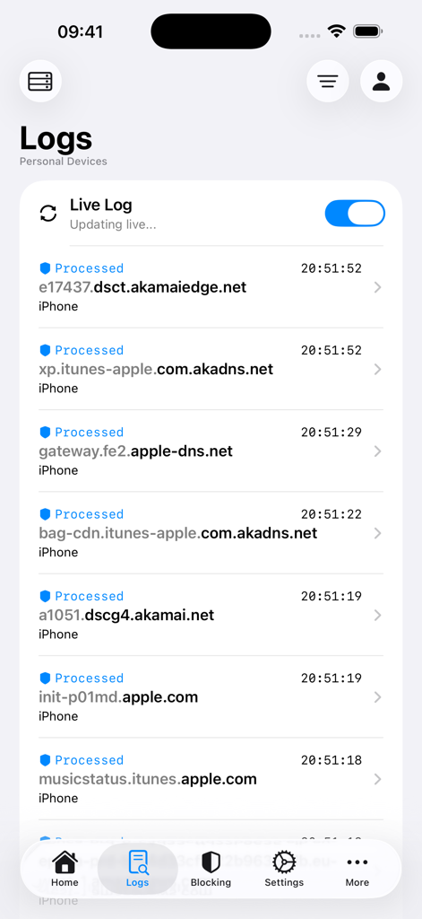 NextDNS Remote - NextDNS Remote Live Log screen displaying real time network query activity
