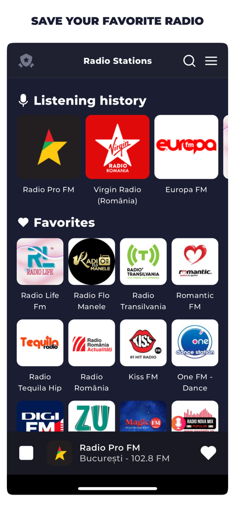 Radio Romania Live Online FM - Interfaz de la aplicación móvil que muestra el historial de escucha y una cuadrícula de logotipos de emisoras de radio rumanas favoritas