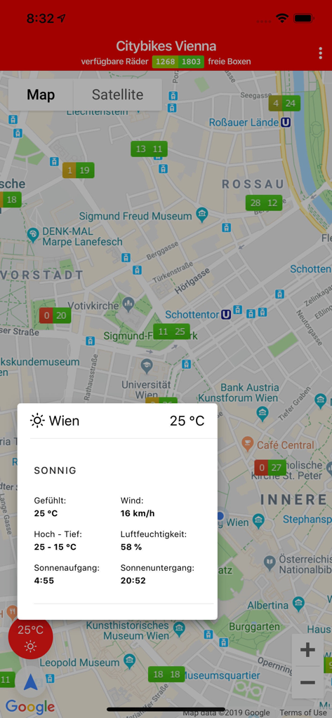 Citybikes Vienna - Bildschirm der Citybikes Wien App, der eine Karte mit der Verfügbarkeit von Fahrradstationen und einem Wetterinformations-Popup zeigt.
