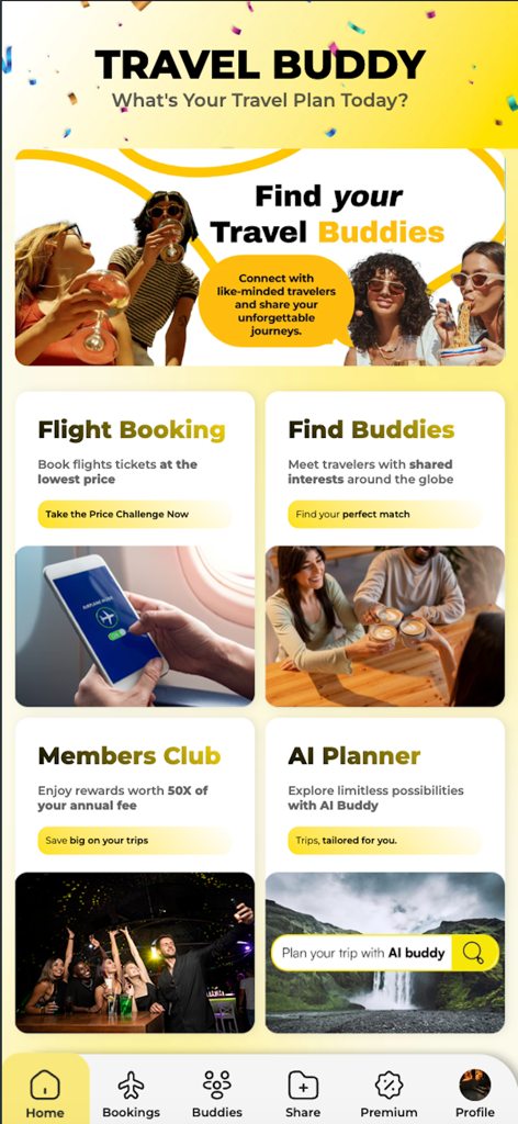 Home screen of the Travel Buddy app showing options for flight booking, finding travel partners, and an AI trip planner.