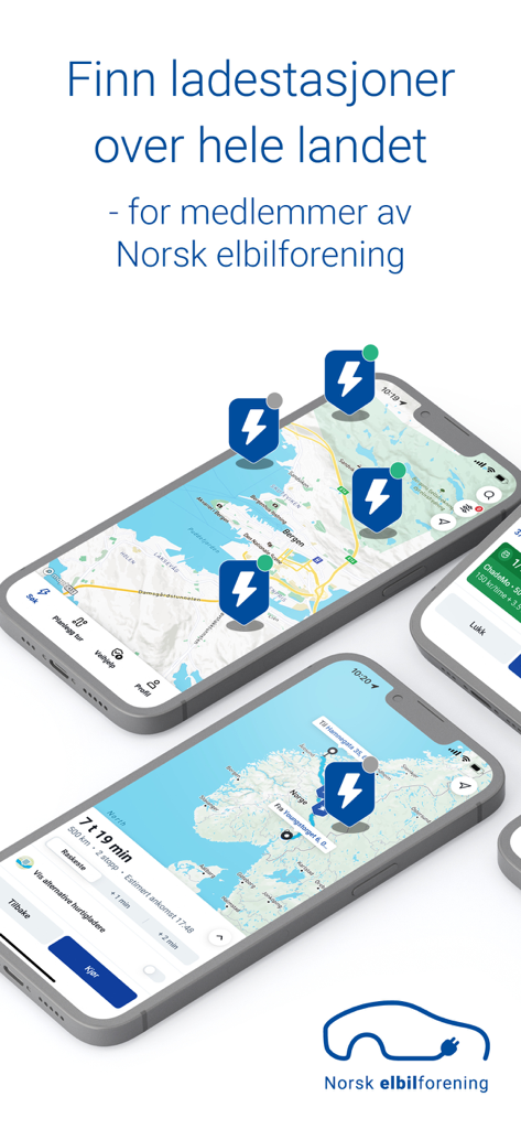 Screenshots der ElbilAppen-App für Mobiltelefone, die EV-Ladestationen und Routenplanung auf einer Karte zeigen.